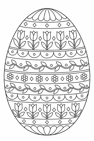 Large outlined egg decorated with horizontal bands of tulips, vines, small flowers, diamonds and scallops.