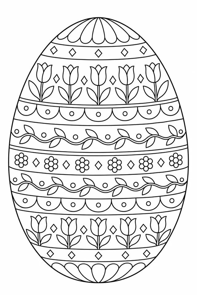 Large outlined egg decorated with horizontal bands of tulips, vines, small flowers, diamonds and scallops.