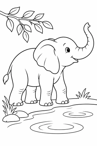 A side-view elephant with an upturned trunk stands on a pond bank below a leafy branch, with ripples in the foreground.