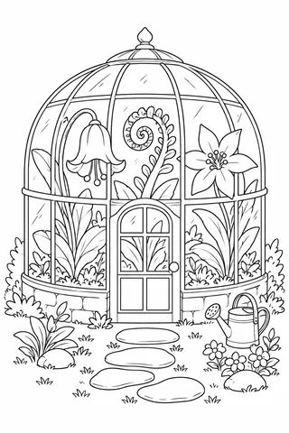Domed greenhouse containing a bell-shaped flower, a curled fern and a star-shaped blossom, with a watering can beside the door.