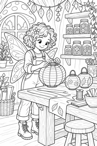 Fairy in overalls and boots assembling a ribbed lantern at a wooden bench, surrounded by button jars, paper and leaf garlands.