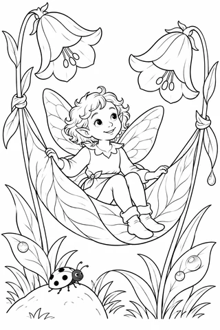 Fairy in a tunic, leggings and boots sitting in a leaf hammock between bell flowers, with wings, dew drops and a ladybug below.