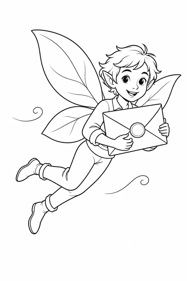 Fairy in a sleeved shirt, trousers and boots flying with a sealed envelope held in both hands and broad leaf-like wings.