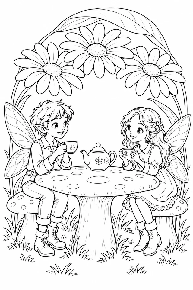 Two clothed winged fairies seated on mushroom stools with cups and a teapot at a mushroom table beneath daisies and a curved leaf.