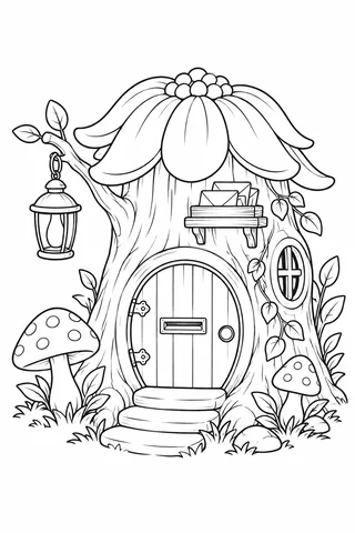 Hollow tree house with a round door, mail slot, envelope shelf, flower roof, two mushrooms and a lantern.