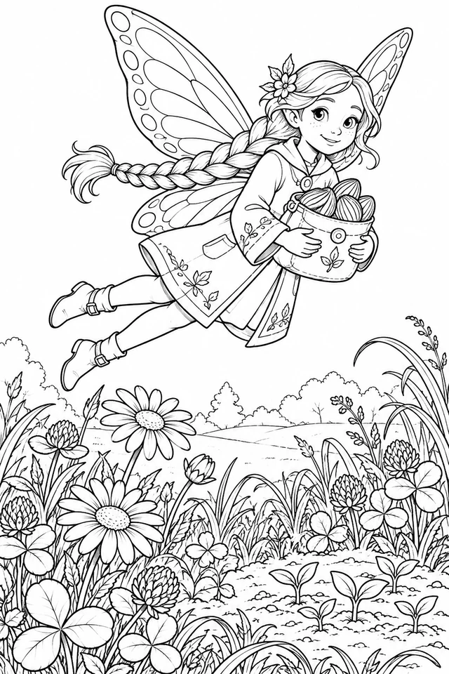 Braided fairy in a sleeved coat, leggings and boots flying with a seed satchel above flowers and seedlings.