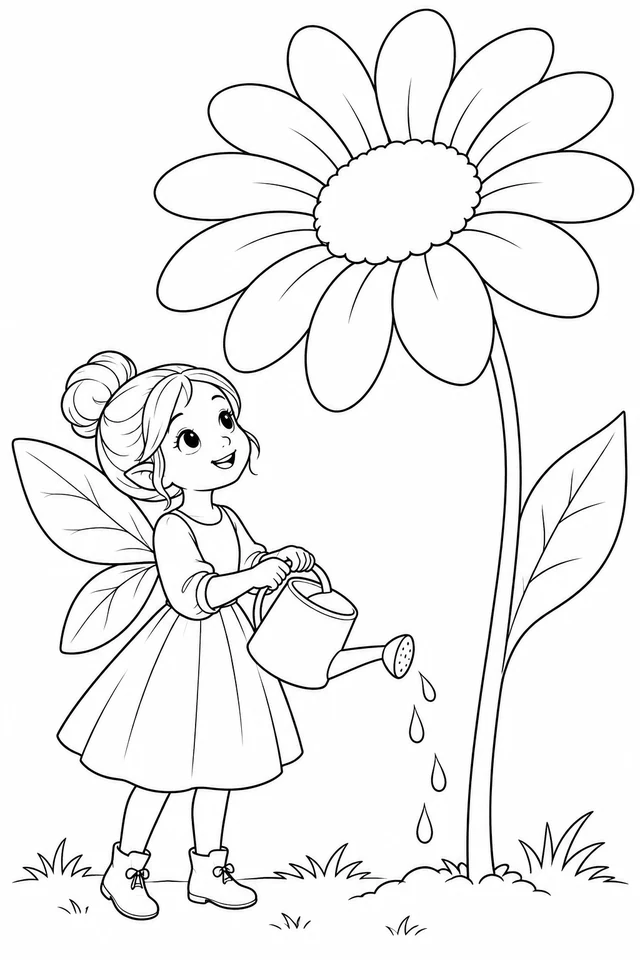 Fairy in a sleeved dress and boots watering a giant daisy with a small can, beside grass and a large leaf.
