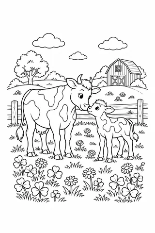 A cow and calf with outlined body patches touch noses beside a fence, with clover, daisies, a leafy tree and a distant barn.
