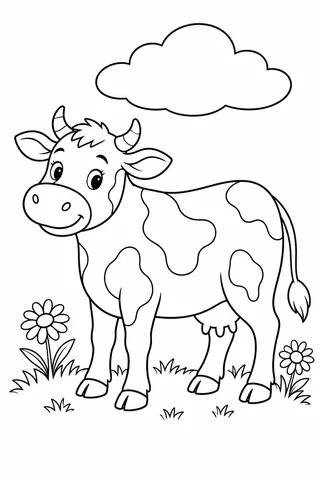 A friendly cow with four visible legs, outlined body patches, two horns and a tufted tail stands between two daisies beneath a cloud.