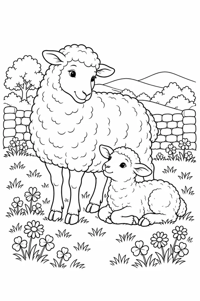 A standing ewe beside a resting lamb with folded legs in a flower meadow, with a low stone wall, tree and hills behind.