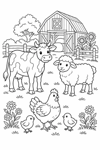 A cow and sheep stand in a barnyard with a hen and two chicks in front, beside an open barn, fence, sunflowers and daisies.