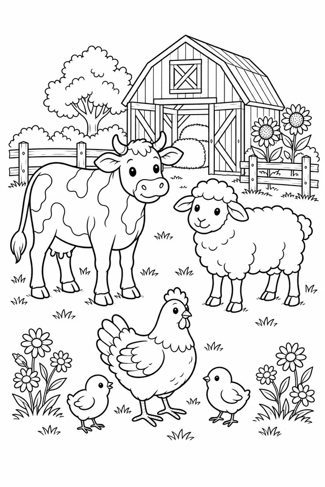 A cow and sheep stand in a barnyard with a hen and two chicks in front, beside an open barn, fence, sunflowers and daisies.