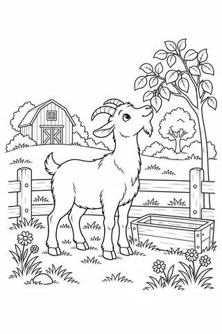 A goat with four visible legs, curved horns, beard and raised tail reaches toward leaves on a sapling beside a fence and water trough.