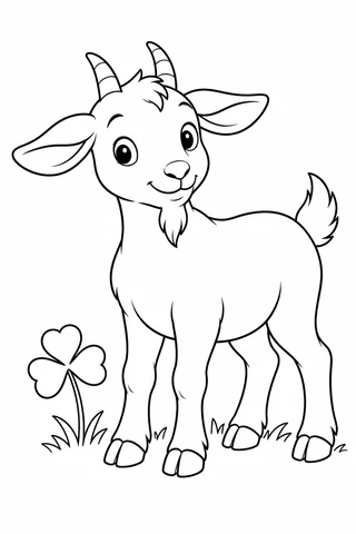 Young goat standing on four split hooves with two horns, broad ears, a small beard, an upturned tail and a clover leaf.