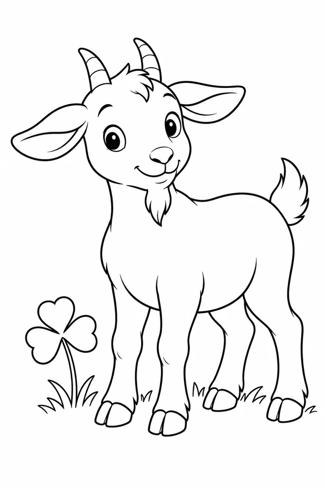 Young goat standing on four split hooves with two horns, broad ears, a small beard, an upturned tail and a clover leaf.