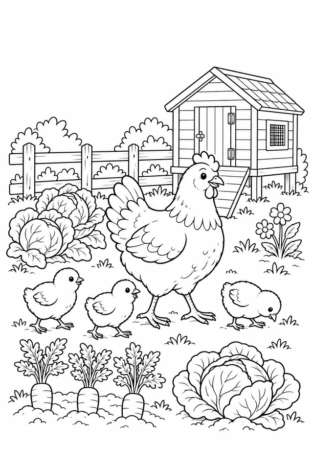 A hen and three chicks with two legs each walk and peck among cabbages and carrots beside a raised wooden coop with a ramp.