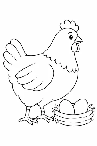 Side-view hen with a comb, wattle, folded wing, two feet and a short fan tail beside two eggs in a shallow nest.