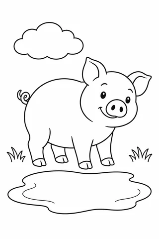 A friendly round pig with four short legs, split hooves, two ears and a curly tail stands beside a broad outlined puddle.