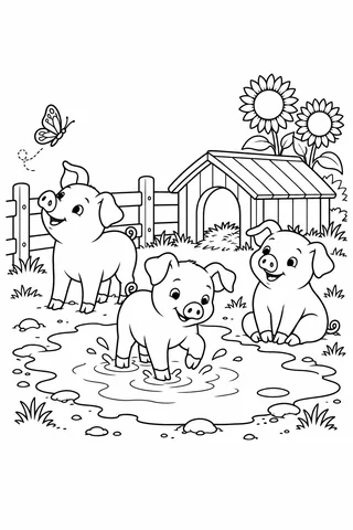 Three piglets stand, splash and sit around a puddle near a wooden shelter, fence, butterfly and two sunflowers.