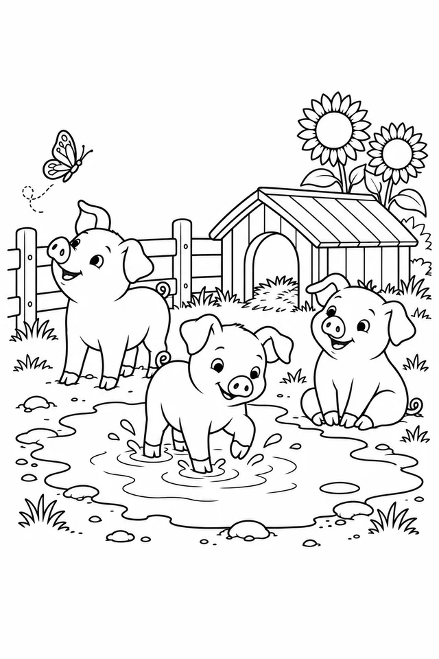 Three piglets stand, splash and sit around a puddle near a wooden shelter, fence, butterfly and two sunflowers.