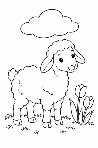 A friendly sheep with four visible legs and split hooves stands beside two tulips beneath one large outlined cloud.