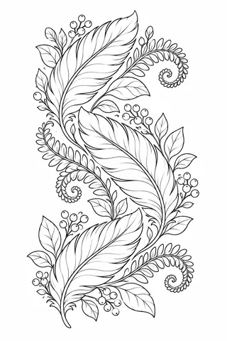 Black outline vertical scroll of three feathers with curled fern fronds, broad leaves and round berry clusters.