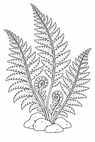 Three tall fern fronds and two curled young fronds emerge from a cluster of rounded stones.