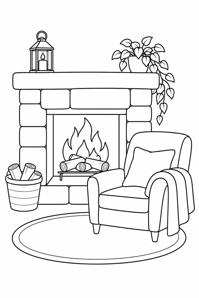 Stone fireplace with outlined flames, an armchair, log bucket, mantel lantern and oval rug.