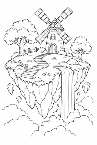 Windmill with four sails and two trees on a floating island above clouds, with a waterfall.