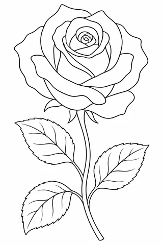 Single large rose with curling petals on a stem with three serrated leaves.