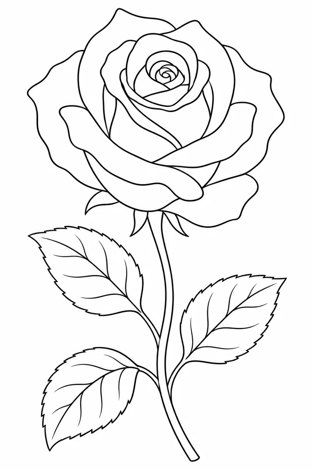Single large rose with curling petals on a stem with three serrated leaves.