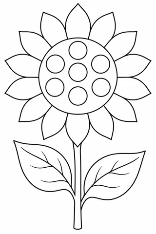 Single sunflower with broad pointed petals, outlined circles in its center and two large leaves.