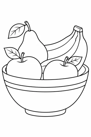 Bowl holding two apples, a pear and bananas, with broad leaves and two bowl stripes.