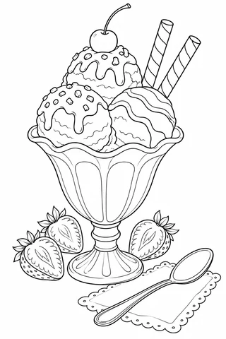 Three-scoop ice cream sundae in a footed bowl with sauce, a cherry, two wafer sticks, strawberry halves and a spoon on a napkin.