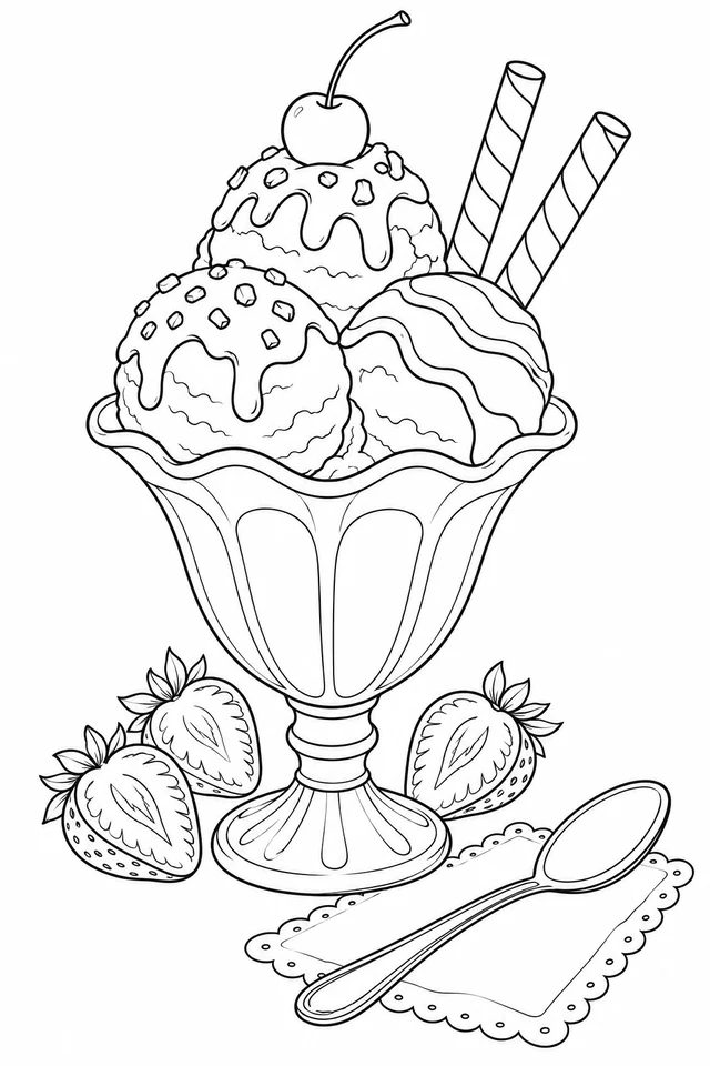 Three-scoop ice cream sundae in a footed bowl with sauce, a cherry, two wafer sticks, strawberry halves and a spoon on a napkin.