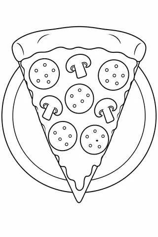 Pizza slice with five circular toppings and three mushroom pieces on a plain round plate.