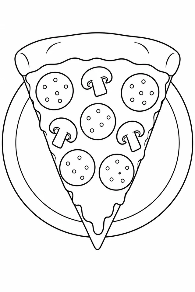 Pizza slice with five circular toppings and three mushroom pieces on a plain round plate.
