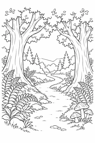 A woodland path winds between two tall trees, with dense ferns, stones and three mushrooms in front and smaller trees beyond.