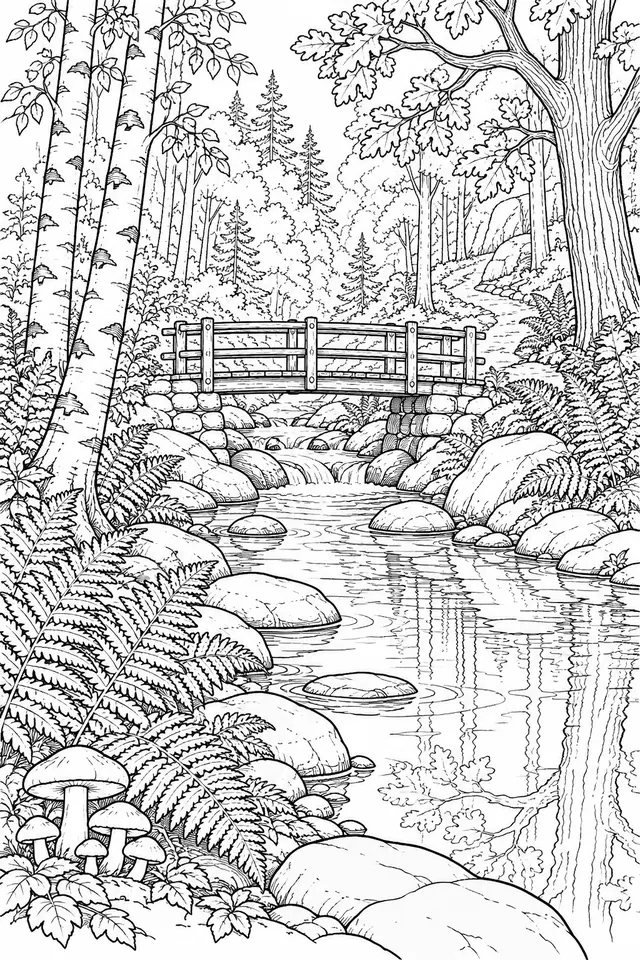 A railed wooden footbridge crosses a winding forest stream among birch and oak trunks, ferns, mushrooms and large rocks.