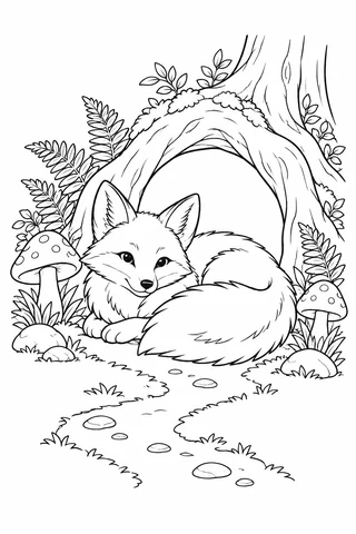A curled fox with a large fluffy tail rests in a root arch, with ferns, two spotted mushrooms and a stony path in front.