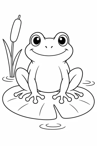 A front-facing frog sits on a large lily pad, with a cattail to the left and ripples around the pad.