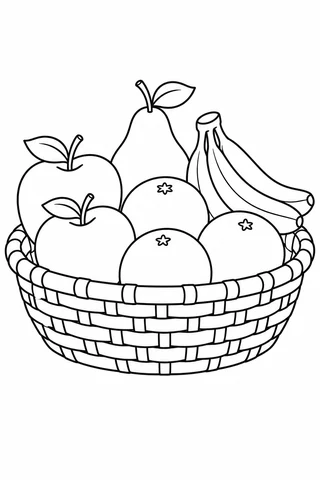 A shallow woven basket holds two apples, a pear, three round oranges and a bunch of bananas.