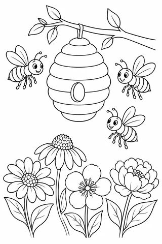 Three cartoon bees fly around a hanging rounded hive above four different flowers and broad leaves.