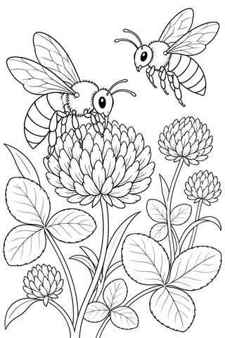 Two bees among clover flowers and three-part leaves, one perched on a blossom and one hovering above.