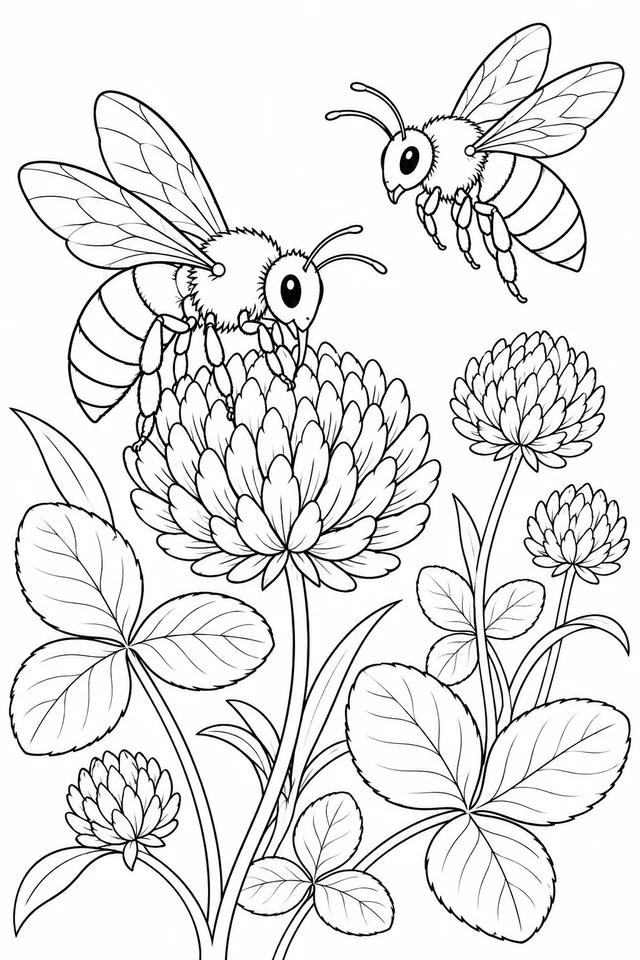 Two bees among clover flowers and three-part leaves, one perched on a blossom and one hovering above.