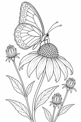 Side-view butterfly with raised patterned wings perched on a coneflower, with three buds and long leaves below.