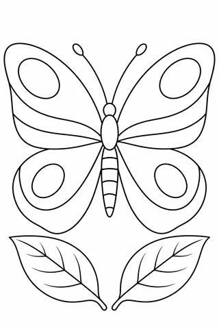Decorative butterfly viewed from above with four open wings, broad bands, four oval spots and two leaves below.