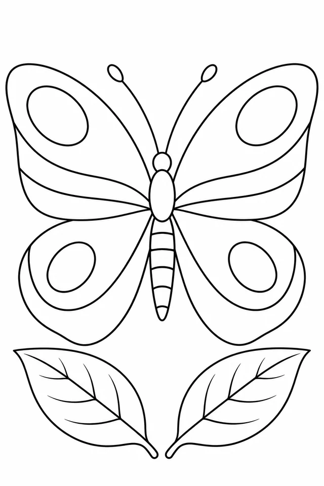 Decorative butterfly viewed from above with four open wings, broad bands, four oval spots and two leaves below.