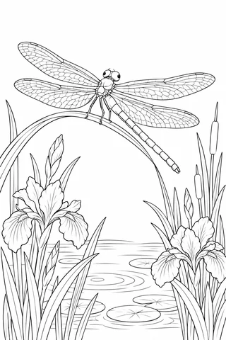 Dragonfly with four veined wings perched on a curved reed above irises, cattails and lily pads.