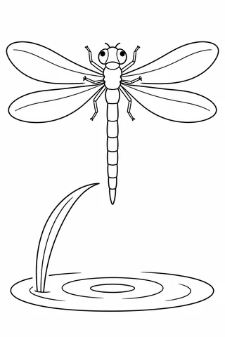 Overhead dragonfly with four broad wings, six short jointed legs and a segmented abdomen above a reed and ripple.